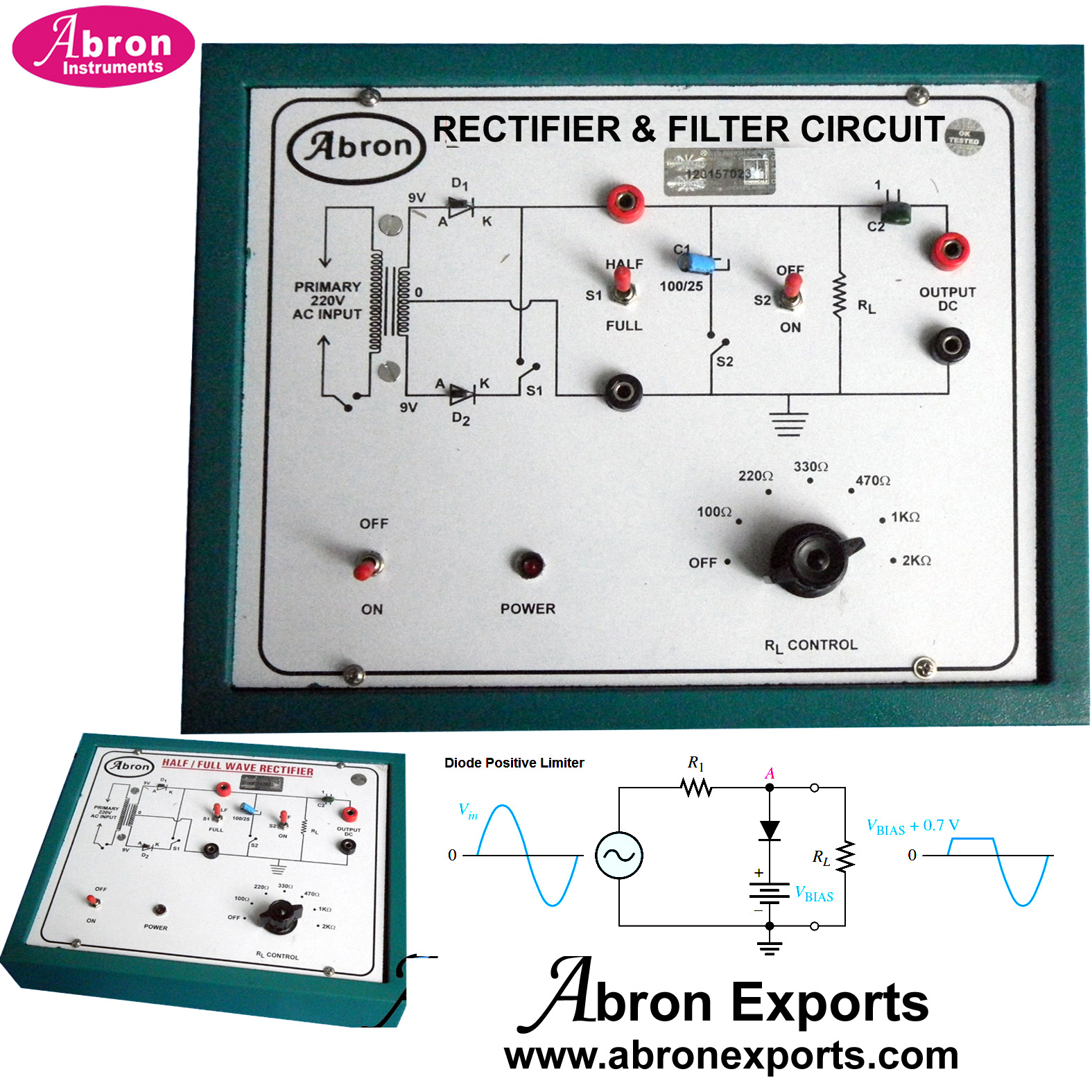 Diode as Half Wave Full Wave Rectifier Trainer Kit Setup With Sockets Out to CRO power supply	Abron AE-1251A                     